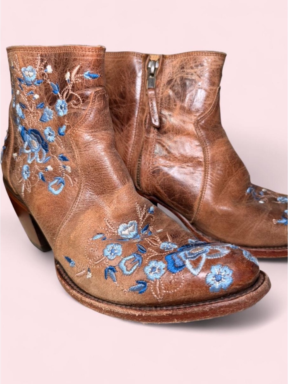 Shyanne Brown Leather Ankle Boots with Blue Floral Embroidery - Picture 3 of 8